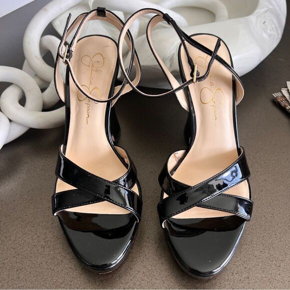 Jessica Simpson Black Patent Leather Wedge Sandals 7.5M - Picture 1 of 6